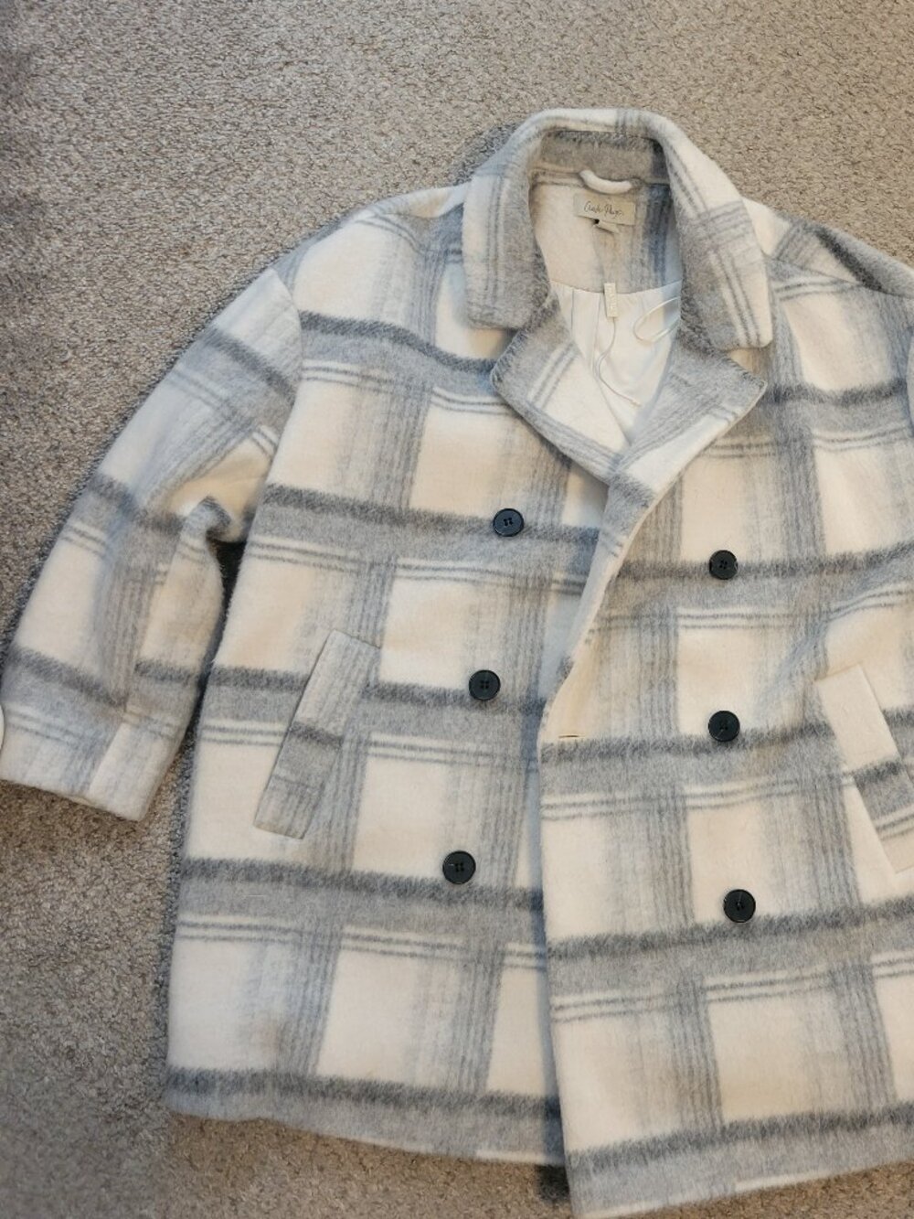 Charlie Paige Cozy White & Gray Plaid Double-Breasted Coat